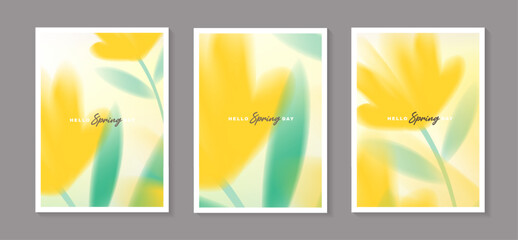 Set of spring vector posters with abstract blurred yellow flowers. Collection of soft pastel watercolor floral covers template for greeting card, holiday invitation, banner and wall art decor. © TripleP Studio