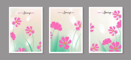 Set of spring vector posters with beautiful pink cosmos flowers. Collection of soft pastel watercolor floral covers template for greeting card, wedding invitation, vertical banner and wall art. © TripleP Studio