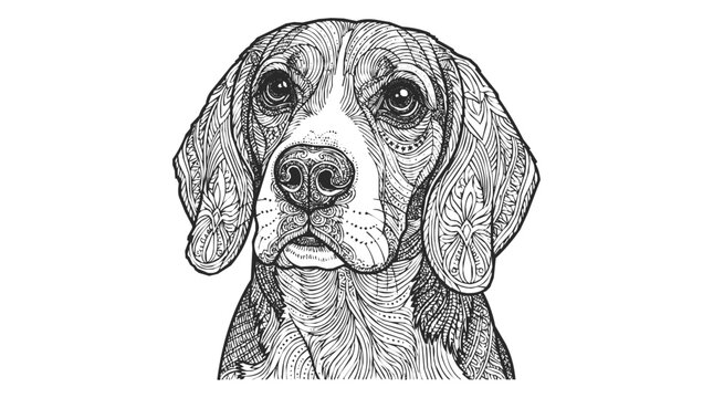 Intricate Beagle Dog Zentangle Mandala Coloring Page for Adult Stress Relief and Creative Expression through Detailed Animal Line Art Illustration