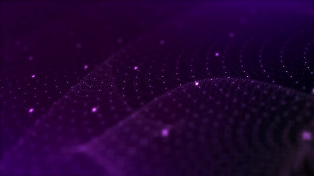 Purple particle mesh wave loop. Dynamic glowing cyber space dots for big data, artificial intelligence, and technology background.