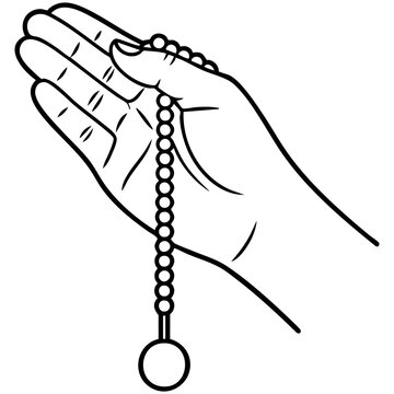 Islamic Tasbih Line Art With Human Hand and Hanging Bead Strand Design Isolated on a Transparent or White Background
