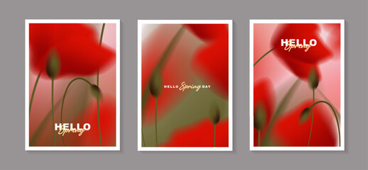 Set of spring floral poster templates with abstract blurred red poppy flowers background, soft focus blooming poppies illustration for vertical banner, greeting card, invitation design. © TripleP Studio
