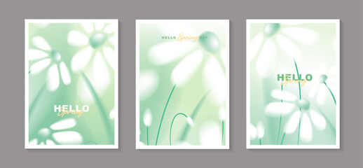 Set of spring floral poster templates with abstract blurred white daisy flowers background, soft focus blooming daisies illustration for vertical banner, social media story, greeting card design © TripleP Studio