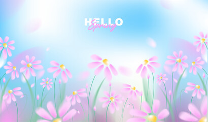 Obraz premium Beautiful spring horizontal banner with pink cosmos flowers on abstract blurred bokeh background, vector illustration of blooming floral backdrop for greeting card, web header design.