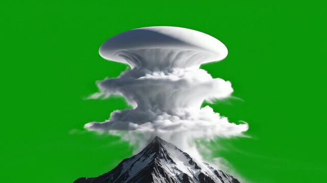Lenticular cloud formation over mountain peak isolated on green screen chroma key weather