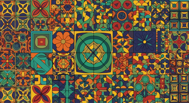 Vintage ceramic tile pattern, colorful mediterranean mosaic background, retro geometric floral ornament vector, ethnic patchwork textile design