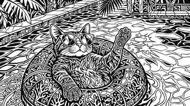 Detailed cat wearing sunglasses while floating in a swimming pool on a patterned ring, intricate black and white zentangle illustration