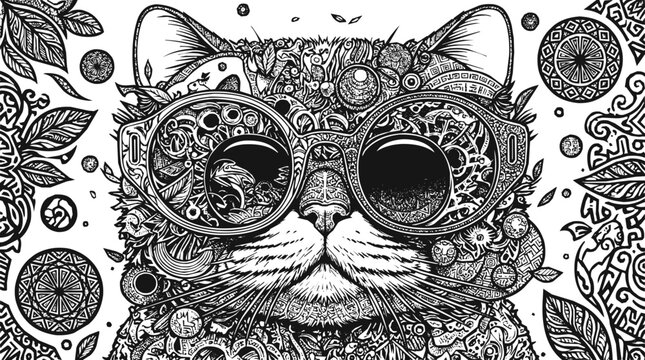 Intricate mandala cat wearing sunglasses in a detailed coloring book style illustration for pet lovers and art therapy
