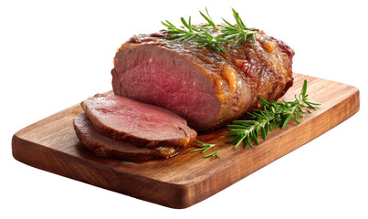 Fototapeta premium Sliced roast beef with rosemary on a wooden cutting board meat food, Isolated, Png Transparent Background