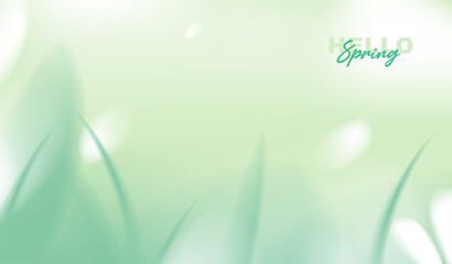 Obraz premium Hello spring greeting card vector background with copy space, abstract minimal organic soft green fluid gradient blur, fresh grass leaves and bokeh light for seasonal eco nature banner and poster.