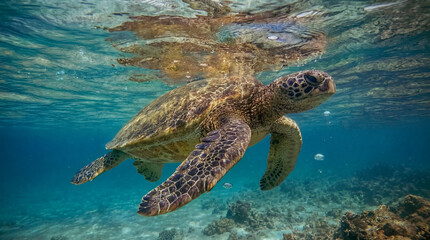 Obraz premium Green sea turtle gliding beneath the surface off Molokaʻi