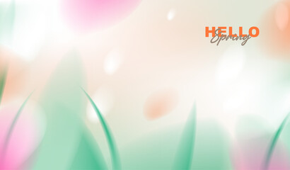 Hello spring greeting card vector background with copy space, abstract minimal soft orange and pink fluid gradient blur, fresh grass leaves and bokeh light for seasonal eco nature banner design. © TripleP Studio