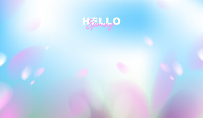 Hello spring greeting card vector background with copy space, abstract soft blue sky and pink cherry blossom flower petals falling in blurry bokeh light for seasonal easter banner and wallpaper. © TripleP Studio