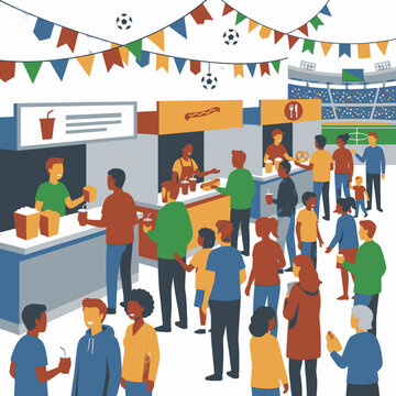 Crowd of people enjoying food and drinks at a stadium concession stands during a soccer game event.