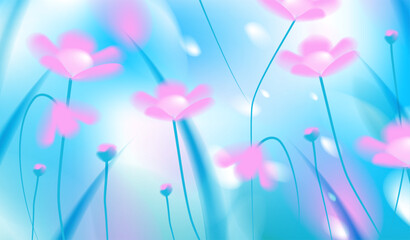Obraz premium Abstract spring vector background with vibrant neon pink cosmos flowers blooming in vivid blue cyan fluid gradient blur, beautiful trendy glowing bokeh light for seasonal festival banner design.