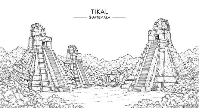 Tikal Guatemala Ancient Mayan Ruins Landscape.
