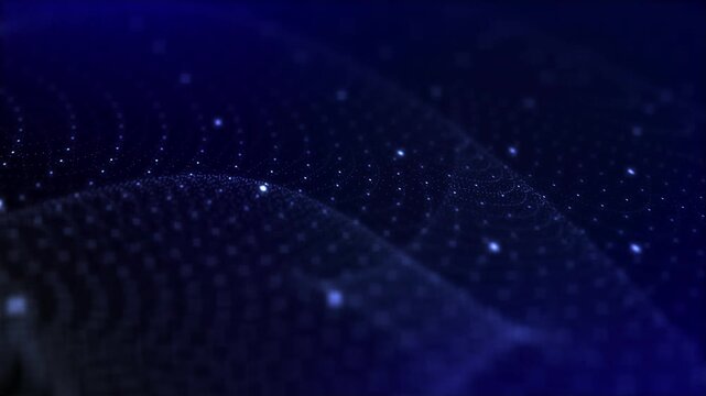 Blue particle mesh wave loop. Dynamic glowing cyber space dots for big data, artificial intelligence, and technology background.