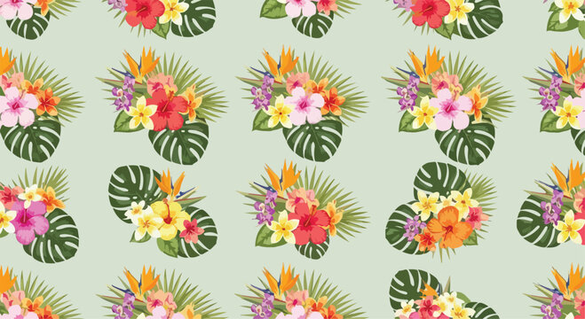 Tropical floral seamless pattern with hibiscus and monstera leaves, exotic botanical wallpaper vector, summer jungle flower background for textile