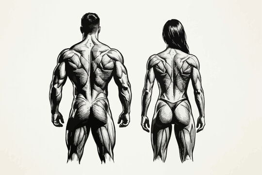 Bodybuilder back muscles anatomy sketch of male and female athletes