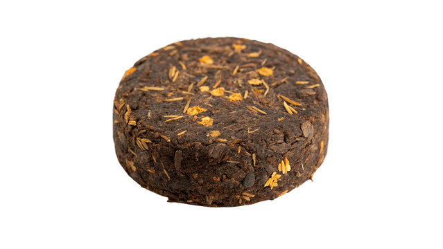 Traditional Chinese dark compressed pu erh tea cake brick disc isolated on transparent background