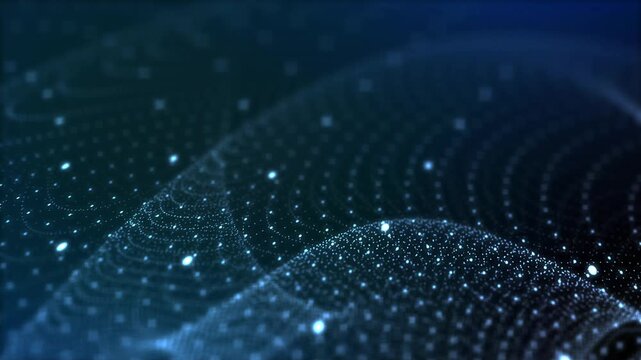Cyan particle mesh wave loop. Dynamic glowing cyberspace dots for big data, artificial intelligence, and technology background.
