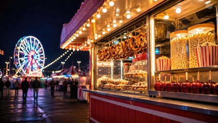 Naklejka na ściany i meble Nighttime carnival scene with illuminated concession stand selling pretzels, popcorn and caramel apples near a lit Ferris wheel