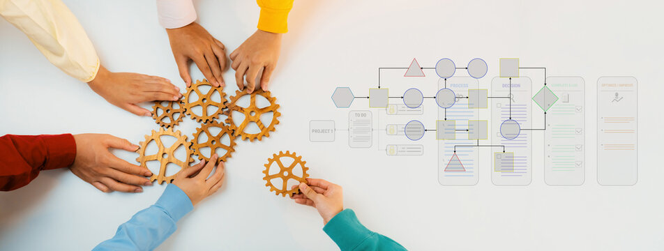 Team Collaboration with Gears and Flowcharts Illustrating Business Processes and Strategies for Effective Management and Innovation in a Professional Environment Fluxor.