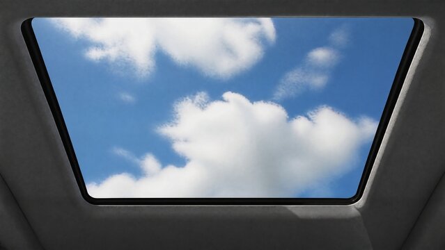 Rectangular sunroof framing moving clouds against a blue sky, minimalist architectural detail.