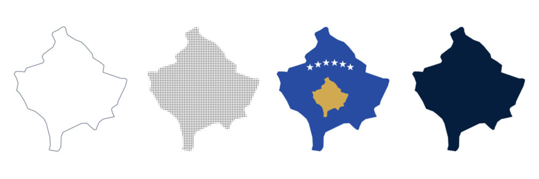 Kosovo map vector set including outline, dotted pattern, national flag design and solid silhouette