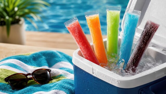 Colorful frozen ice pops in clear plastic tubes chilling in an ice-filled cooler beside a pool towel and sunglasses, summer poolside refreshment