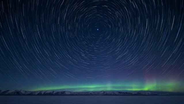Arctic night sky with star trails circling a bright Polaris star in dark blue tones.