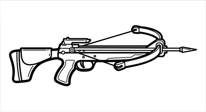 Black and white line drawing of a modern crossbow with loaded arrow against a white background