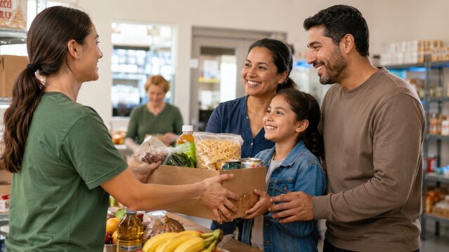 Smiling family receives a box of donated groceries from a volunteer at a community food pantry surrounded by shelves of canned and fresh produce