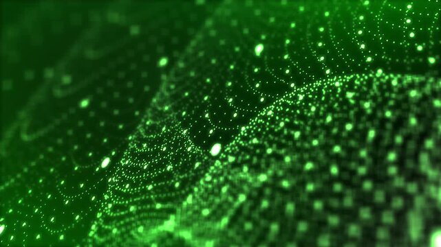Green particle mesh wave loop. Dynamic glowing cyberspace dots for big data, artificial intelligence, and technology background.