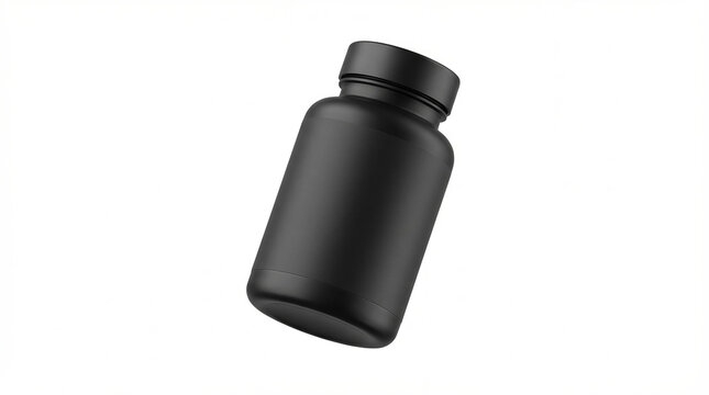 A single black pill bottle standing on a clean white background for a minimalist product mockup generated with AI
