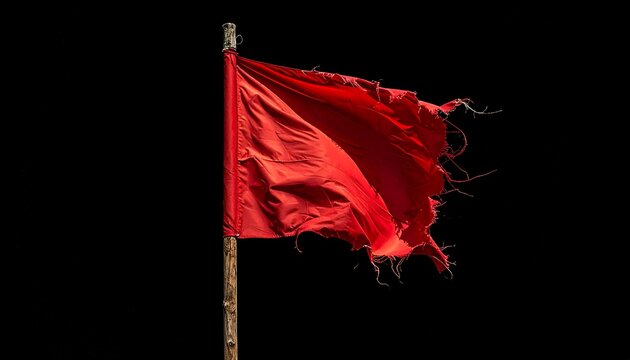 A vibrant scarlet flag, tattered at the edges, waves atop a weathered pole against an inky black backdrop. The fabric billows freely