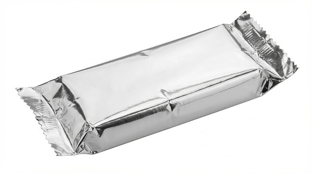 A single rectangular snack bar wrapped in shiny silver foil packaging isolated on a clean white background for food product design.