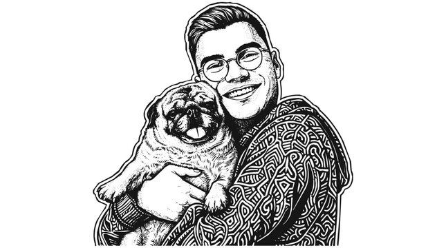 Happy Man Wearing Glasses Hugging His Cute Pug Dog in a Black and White Artistic Illustration of Friendship and Love