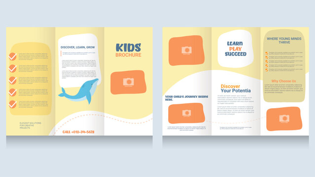 Playful kids trifold brochure template vector design, children education flyer layout with cute dolphin illustration. Fully editable vector.