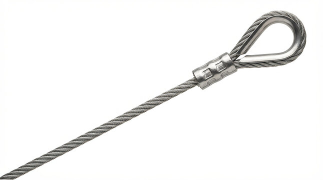 A close up view of a strong steel cable wire loop terminal connection isolated on a white background for industrial construction use.