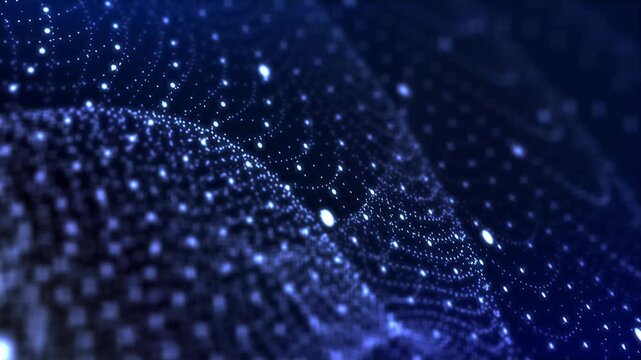 Blue particle mesh wave loop. Dynamic glowing cyber space dots for big data, artificial intelligence, and technology background.