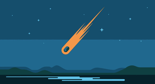 Falling meteor over distant mountain landscape at night