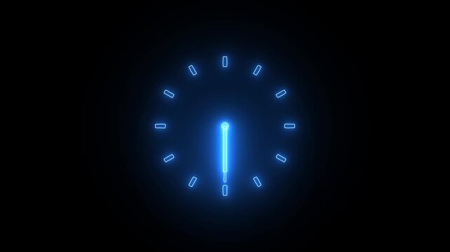 glowing neon blue color clock icon animation on back background