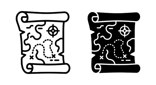 Treasure Map Icons, Vintage Scroll Navigation, Adventure Quest Symbols, Black and White Vector Set
