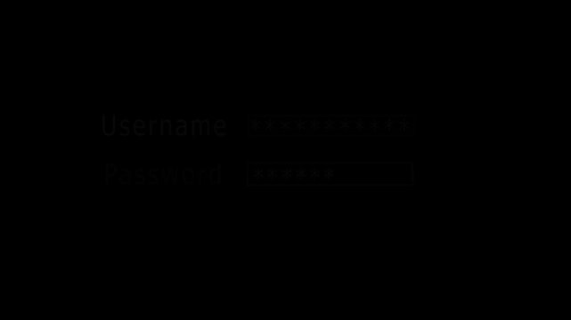 Illuminated username and password login screen with checkmark verification on black background.HD video animation.