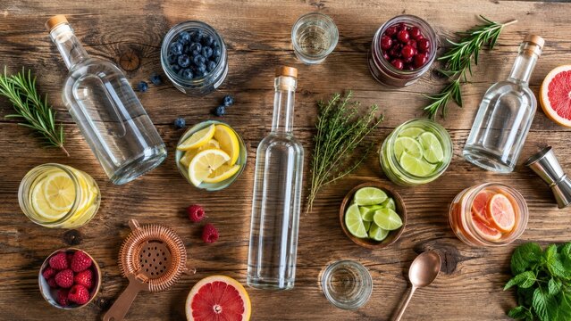 Overhead flat lay of clear liquor bottles, citrus slices, berries, fresh herbs and bar tools arranged on a rustic wooden table