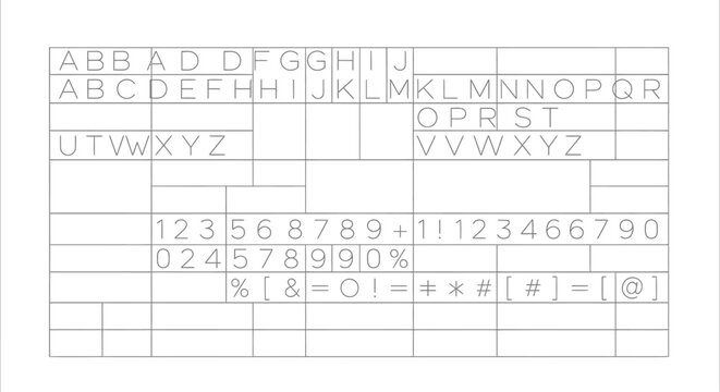 Monospaced typography specimen with alphanumeric characters and symbols grid layout