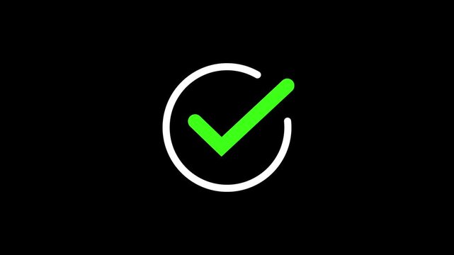 green check mark icon white circle animated on black background