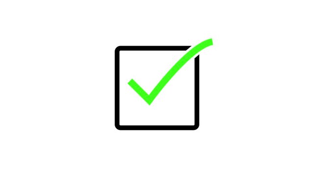 green check mark icon animation in black rectangle circle. check mark icon animation on white background