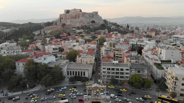 Aerial drone video of Hadrian&rsquo;s Arch in Athens, near Acropolis and Parthenon Acropolis hill, Plaka picturesque district below, Athens historic centre, Attica, Greece